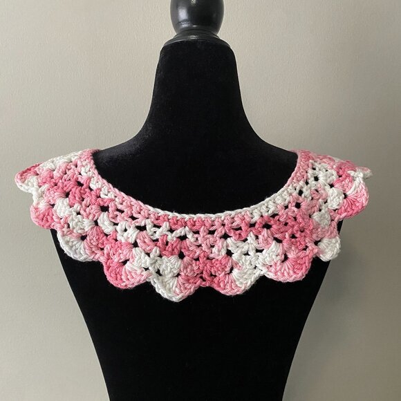 Handmade Crochet Pink White Cotton Wide Neck Collar Neckwear Accessory - Picture 4 of 6